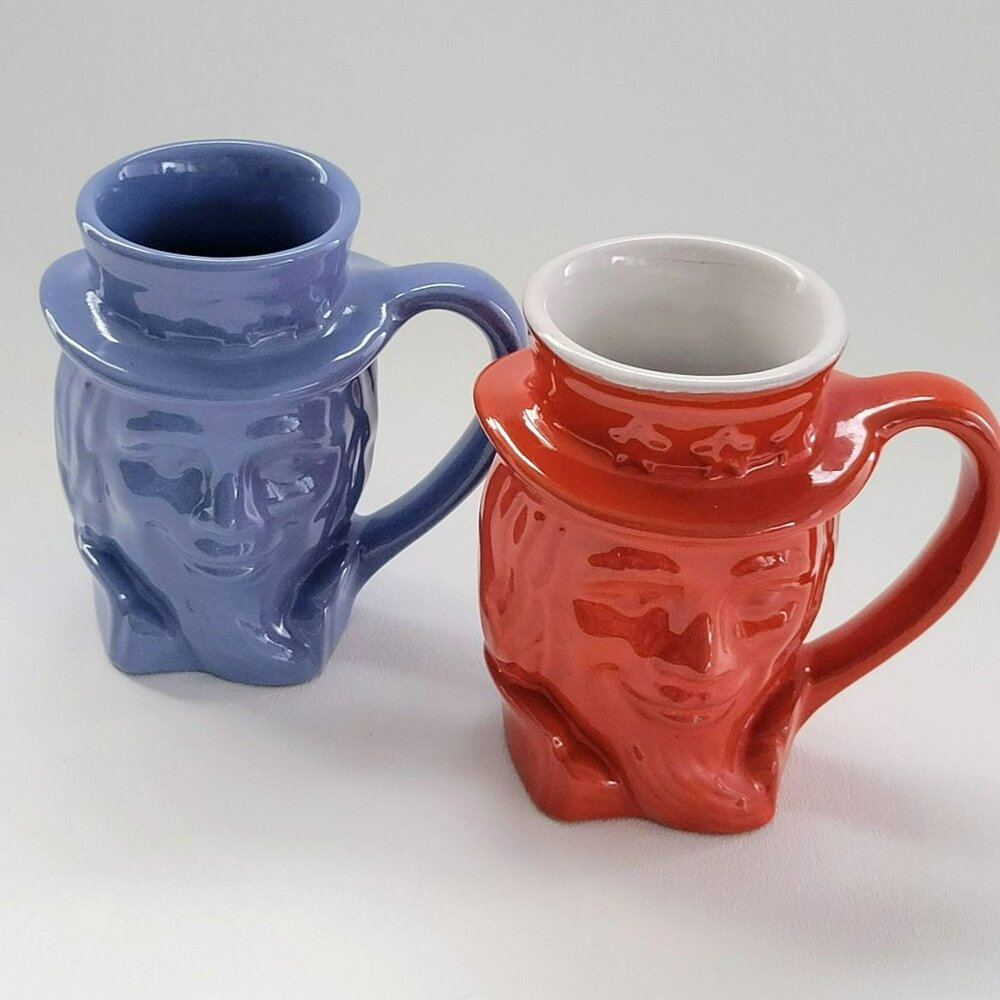 Vintage Frankoma Art Pottery Uncle Sam Mug Set of 2, Red & Blue, c.1976 USA Made - Picture 4 of 12